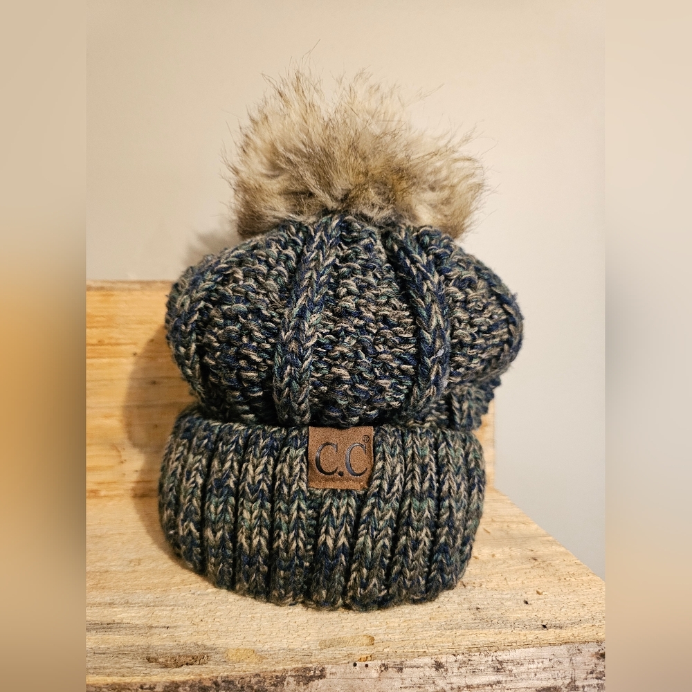 C.C Thick Cable Knit Faux Fuzzy Fur Pom Fleece Lined Winter Hat